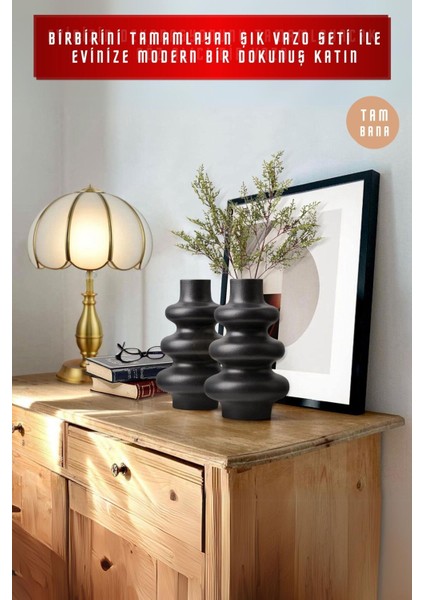 Siyah Dekoratif Vazo Seti Obje Ev Dekorasyon Masa Üstü Dekor Vazo Seti Model 5
