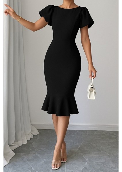 Kadın Kısa Kollu Yuvarlak Yaka Pileli Janjan Krep Elbise S-M-Siyah fiyatları