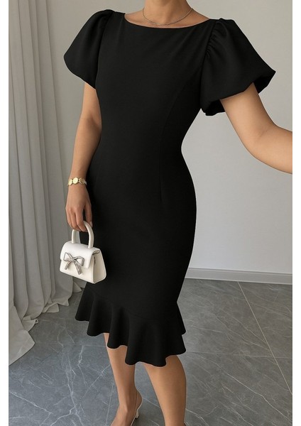 Kadın Kısa Kollu Yuvarlak Yaka Pileli Janjan Krep Elbise S-M-Siyah fırsatları