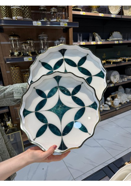 SK405BAA-DUKA 2'li Zümrüt Desenli Tepsi Seti - Büyük 38 cm Küçük 32 cm - Cam, Akrilik, Ahşap