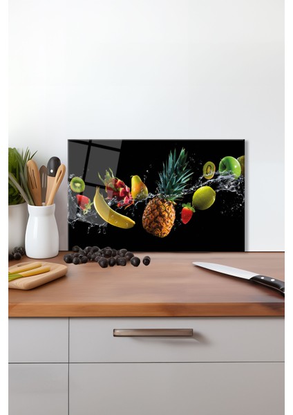 Su Içinde Tropik Meyveler Cam Kesme Tahtası , Silikon Ayaklı, Kırılmaya Dayanıklı, Sunum Tablası