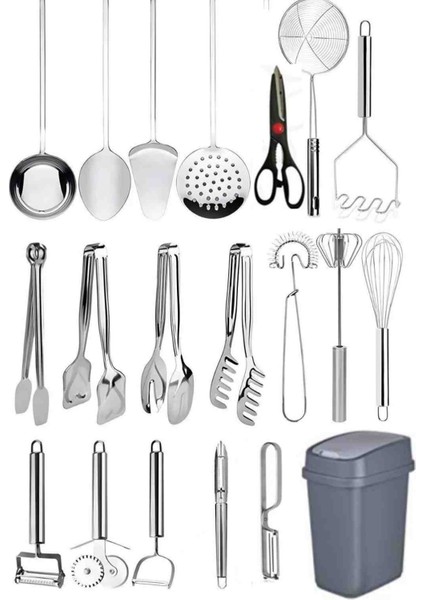 20 Parça Pişirme ve Servis Gereçleri;servis Seti Kaşıklık, Çırpıcı, Maşa, Kepçe, Kevgir Kova