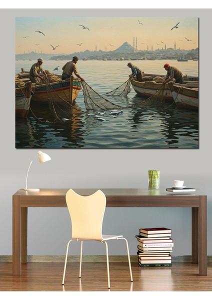 Renkli Gün Doğumu Balıkçı Kayığı Dekoratif Kanvas ve Ahşap Tablo