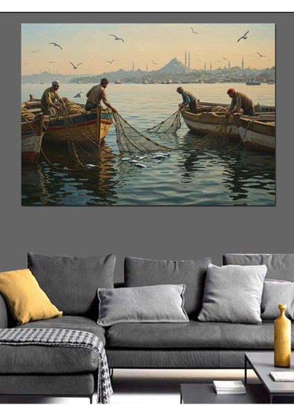 Renkli Gün Doğumu Balıkçı Kayığı Dekoratif Kanvas ve Ahşap Tablo fiyatları