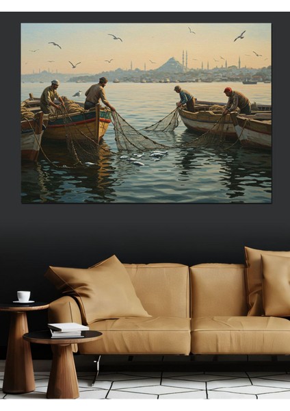 Renkli Gün Doğumu Balıkçı Kayığı Dekoratif Kanvas ve Ahşap Tablo modelleri
