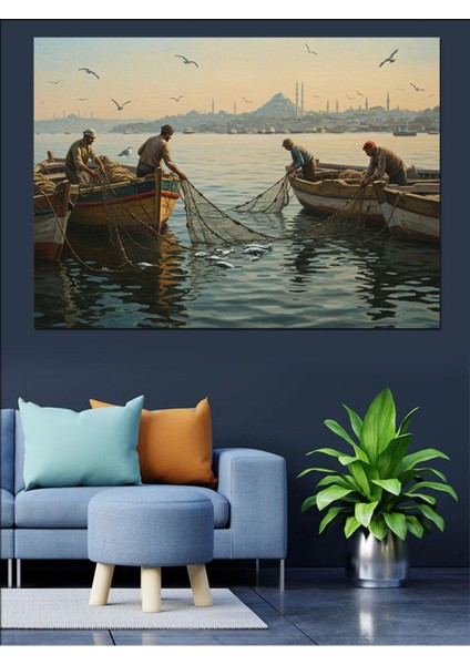 Renkli Gün Doğumu Balıkçı Kayığı Dekoratif Kanvas ve Ahşap Tablo fırsatları