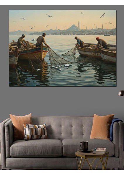 Renkli Gün Doğumu Balıkçı Kayığı Dekoratif Kanvas ve Ahşap Tablo indirimleri