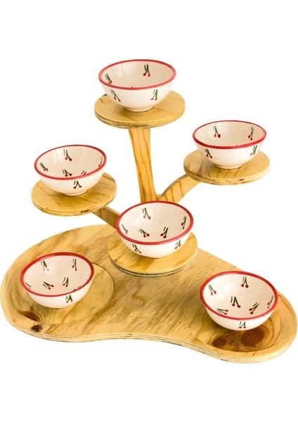 6 Adet Kiraz Desenli Seramik Sunum Kase 8 Cm, El Yapımı, Beyaz Renk