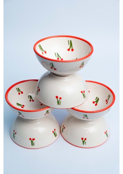 6 Adet Kiraz Desenli Seramik Sunum Kase 8 Cm, El Yapımı, Beyaz Renk fiyatları