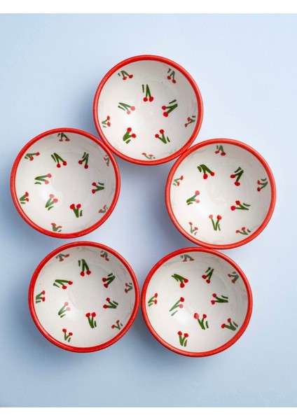 6 Adet Kiraz Desenli Seramik Sunum Kase 8 Cm, El Yapımı, Beyaz Renk modelleri