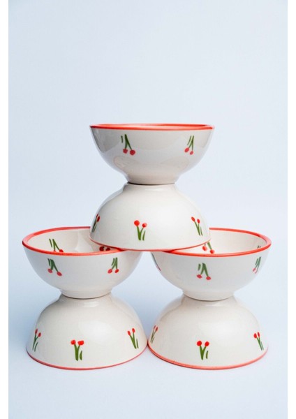 6 Adet Kiraz Desenli Seramik Sunum Kase 8 Cm, El Yapımı, Beyaz Renk fırsatları