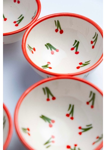 6 Adet Kiraz Desenli Seramik Sunum Kase 8 Cm, El Yapımı, Beyaz Renk