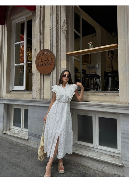 Önü Fırfırlı Yırtmaç Detay Fisto Bağcıklı Pamuk Elbise