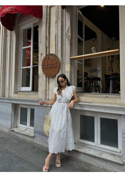 Önü Fırfırlı Yırtmaç Detay Fisto Bağcıklı Pamuk Elbise fiyatları