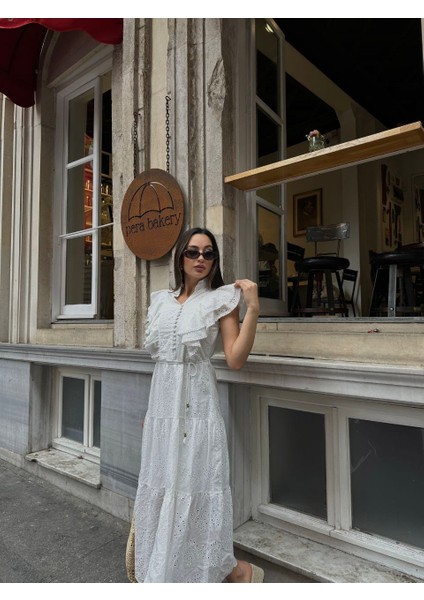 Önü Fırfırlı Yırtmaç Detay Fisto Bağcıklı Pamuk Elbise fırsatları