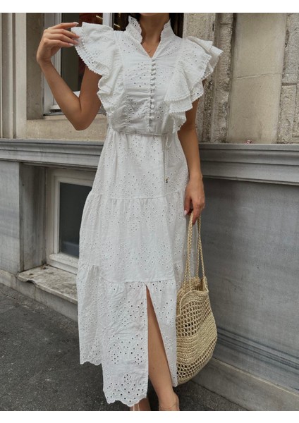 Önü Fırfırlı Yırtmaç Detay Fisto Bağcıklı Pamuk Elbise