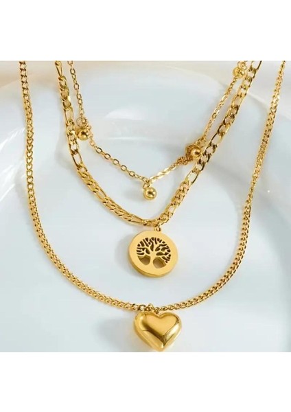 Altın Paslanmaz Çelik Kübik Katmanlı Kolye - Yaşam Ağacı & Kalp Kolye Ucu Çok Katmanlı Zincir Takı