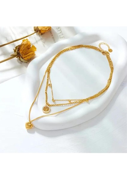 Altın Paslanmaz Çelik Kübik Katmanlı Kolye - Yaşam Ağacı & Kalp Kolye Ucu Çok Katmanlı Zincir Takı fiyatları