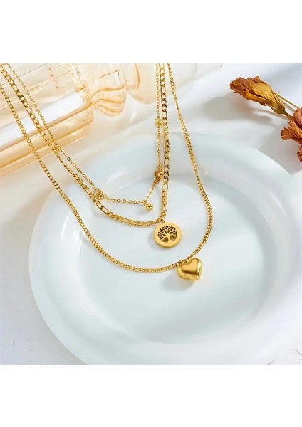 Altın Paslanmaz Çelik Kübik Katmanlı Kolye - Yaşam Ağacı & Kalp Kolye Ucu Çok Katmanlı Zincir Takı modelleri