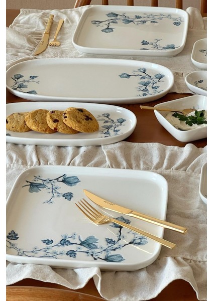 Magnolia 14 Parça Kare Porselen 6 Kişilik Kahvaltı Takımı Mavi Beyaz