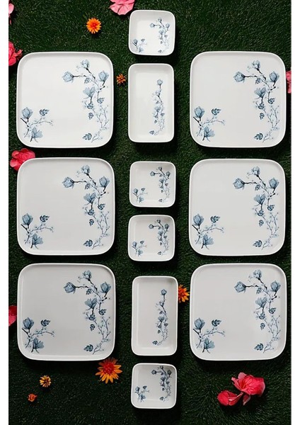 Magnolia 14 Parça Kare Porselen 6 Kişilik Kahvaltı Takımı Mavi Beyaz fiyatları