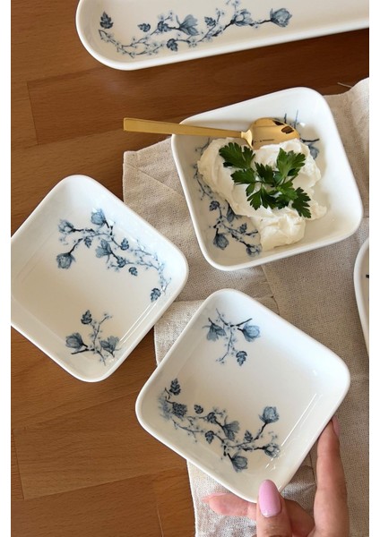 Magnolia 14 Parça Kare Porselen 6 Kişilik Kahvaltı Takımı Mavi Beyaz modelleri