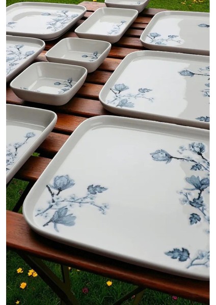 Magnolia 14 Parça Kare Porselen 6 Kişilik Kahvaltı Takımı Mavi Beyaz