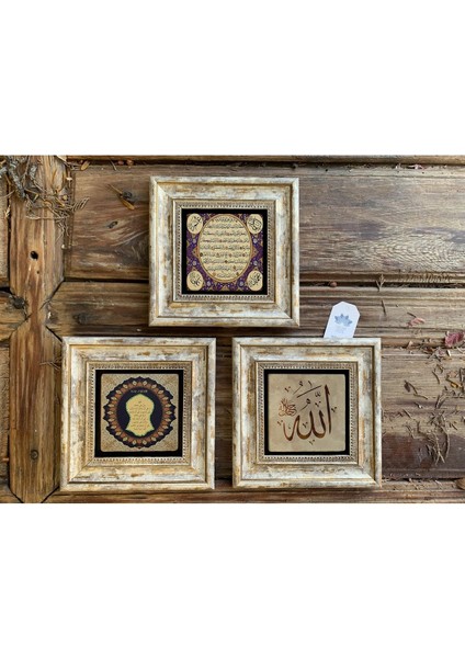 3'lü Taş Duvar Dekoru Tablo Seti 20X20CM, Allah, Nal-I Şerif, Hilye-I Şerif, Renkli