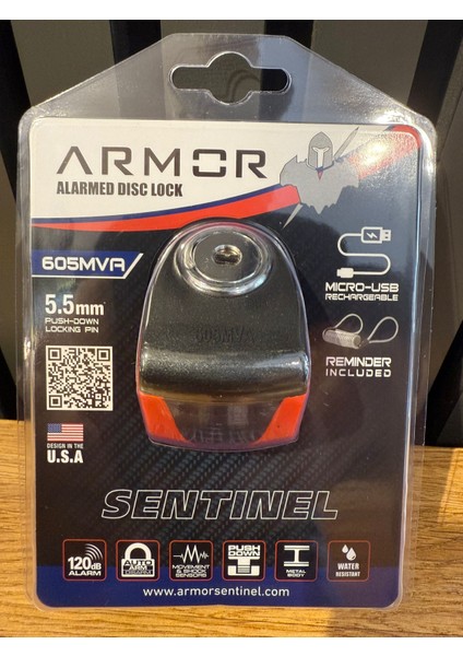 605MVA 5.5mm 120DB Alarmlı ve Şarjlı Disk Kilidi (Tüm Vespa Modelleriyle Uyumludur)