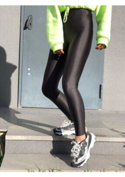 Kadın Siyah Parlak Yüksek Bel Toparlayıcı Disko Tayt