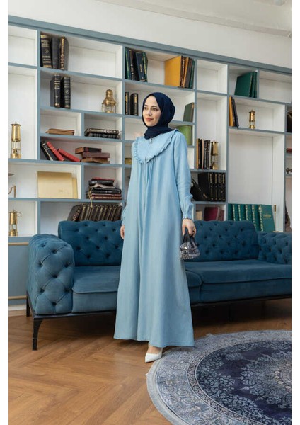 6619-TENSEL Fırfırlı Ferace Açık Mavi