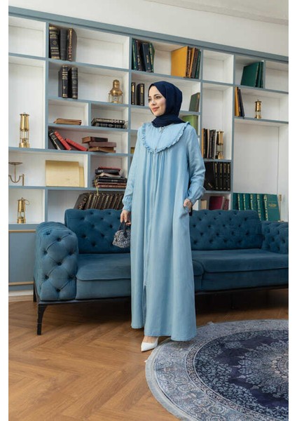 6619-TENSEL Fırfırlı Ferace Açık Mavi fiyatları