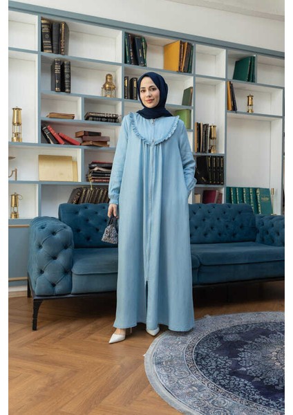 6619-TENSEL Fırfırlı Ferace Açık Mavi indirimleri