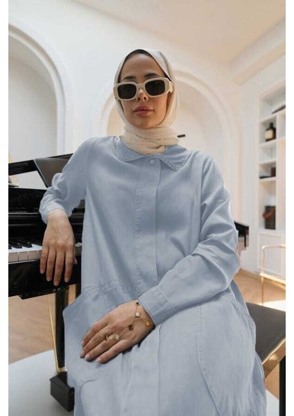 6648-TENSEL Düğmeli Ferace Mavi