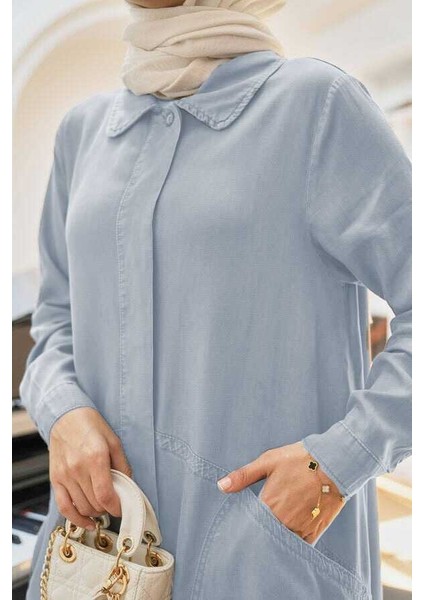 6648-TENSEL Düğmeli Ferace Mavi fiyatları