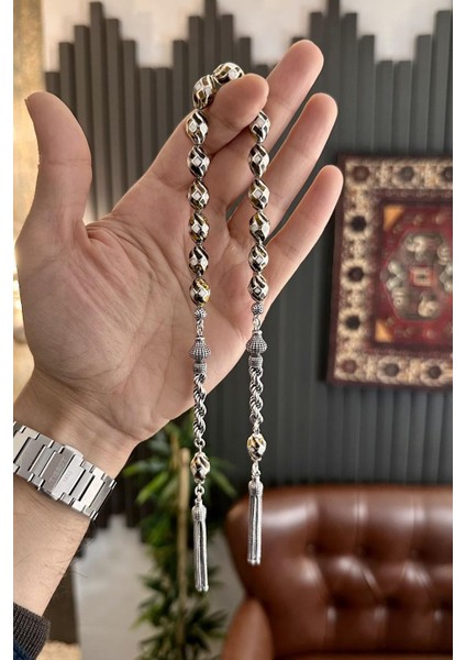 Orjinal El Işçiliği Gümüş Tasarım Kafesli Kahverengi Zaza Tesbih