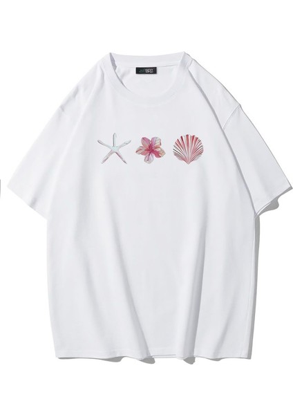 Unisex Oversize Deniz Yıldızı, Çiçek ve Deniz Kabuğu T-Shirt Beyaz