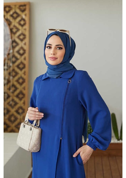 6541-KREP Yan Fermuarlı Ferace Saks Mavisi