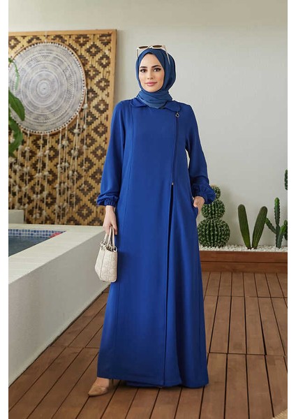 6541-KREP Yan Fermuarlı Ferace Saks Mavisi modelleri