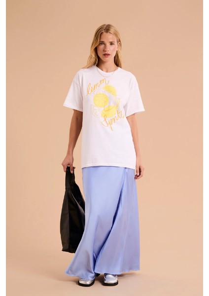 Trend Kadın Tişört - %100 Pamuk Lemon Spritz Baskılı Oversize Beyaz modelleri