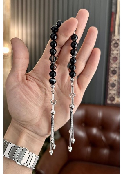 Siyah Damarlı Yemen Akiği Gümüş Tasarım Zaza Tesbih