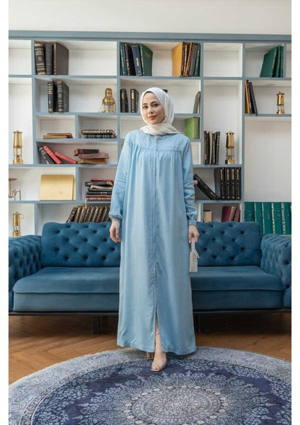 6470-TAŞLI Tensel Fermuarlı Ferace Mavi