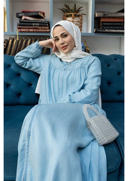 6470-TAŞLI Tensel Fermuarlı Ferace Mavi modelleri