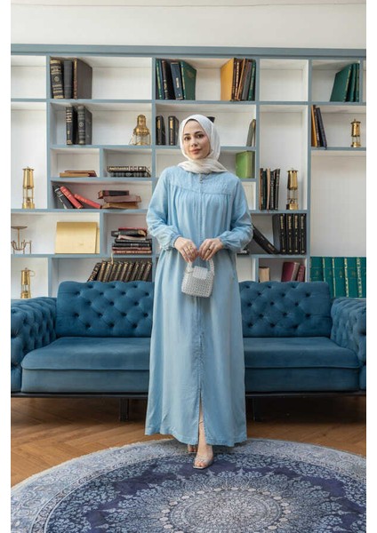 6470-TAŞLI Tensel Fermuarlı Ferace Mavi indirimleri