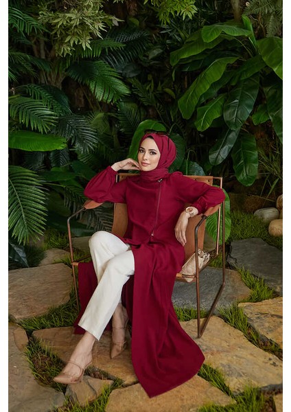 6541-KREP Yan Fermuarlı Ferace Bordo