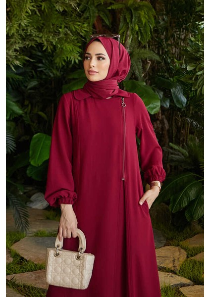 6541-KREP Yan Fermuarlı Ferace Bordo fiyatları