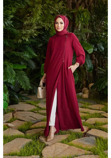 6541-KREP Yan Fermuarlı Ferace Bordo modelleri