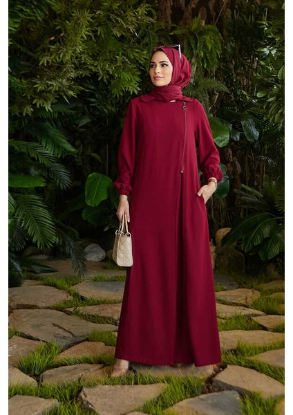 6541-KREP Yan Fermuarlı Ferace Bordo fırsatları