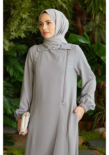 6541-KREP Yan Fermuarlı Ferace Gri fiyatları