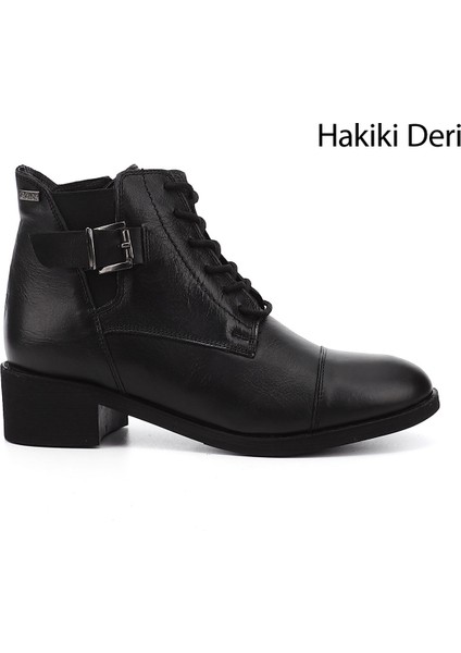 Kadın Siyah Fermuarlı Kalın Topuklu Hakiki Deri Postal Bot